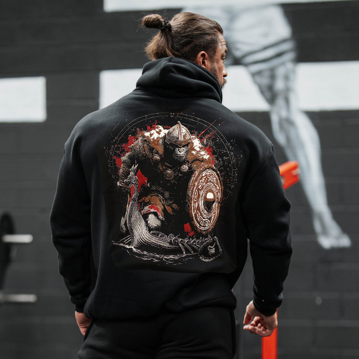 Viking black heavyweight pull hoodie back design