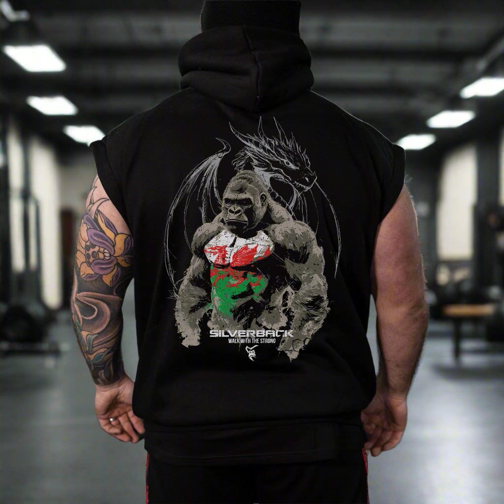 Welsh Dragon Sleeveless Hoodie in Black - HOODIE front view