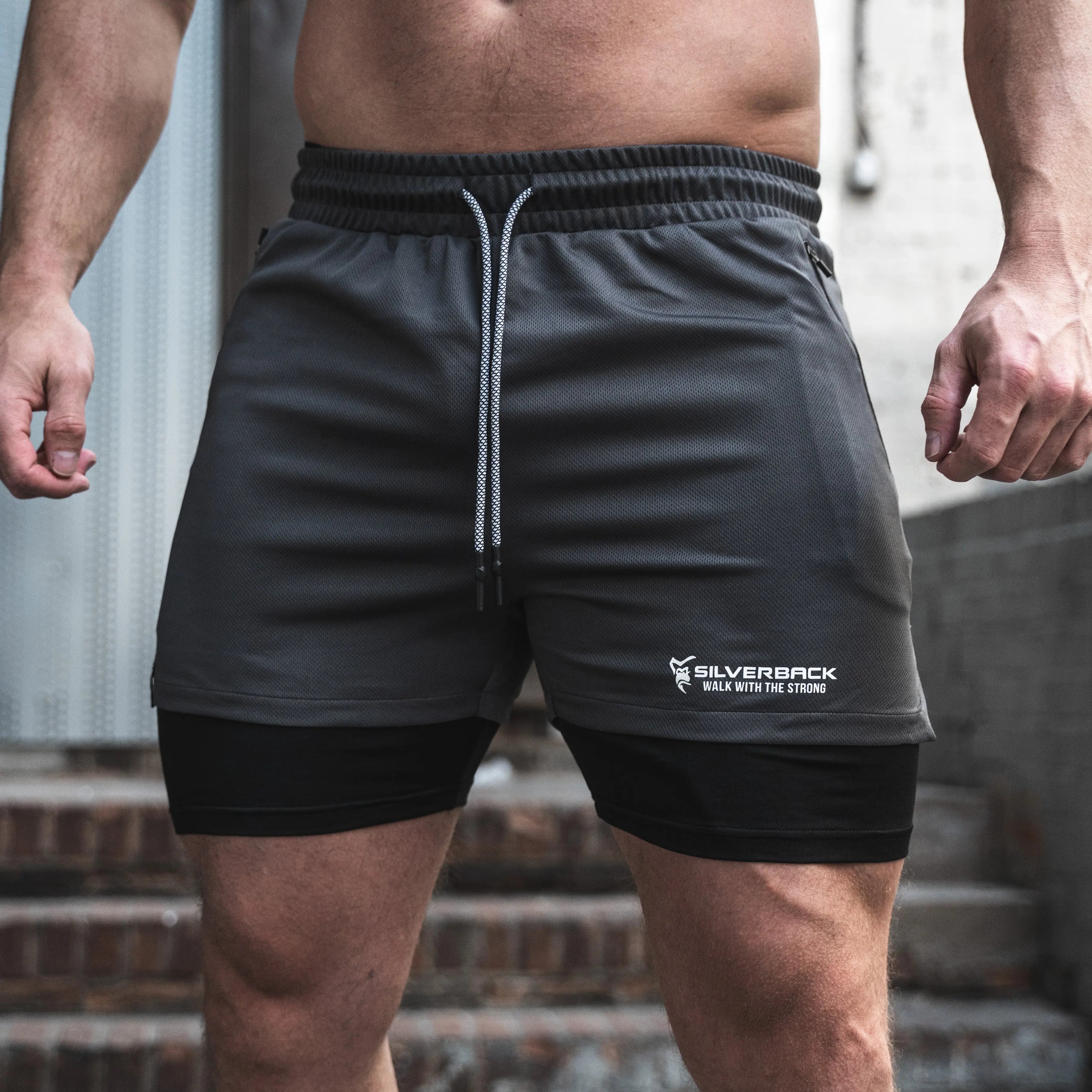 Silverback Gymwear Mens Synergy 2 way shorts - Grey/Black