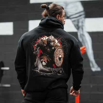 Viking black heavyweight pull hoodie back design